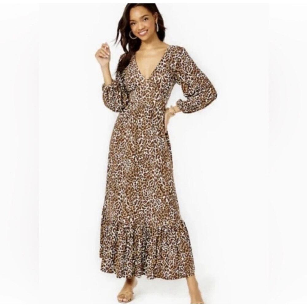 Lilly Pulitzer Size 4 Dress Ivette Maxi 3/4 Sleeve Leopard Balloon Sleeve V-neck
